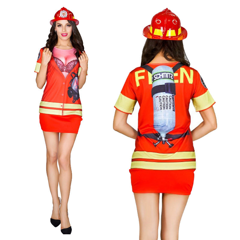 Adult Sexy Firefighter Costume Female 3d Printed White And Red Fireman U